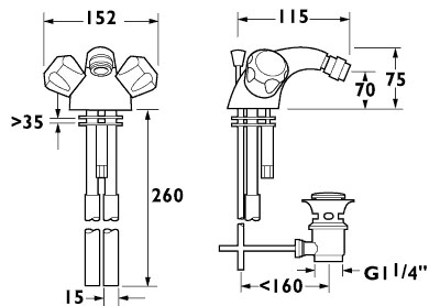 Mono Bidet Mixer Tap With Pop Up Waste (Chrome). technical image
