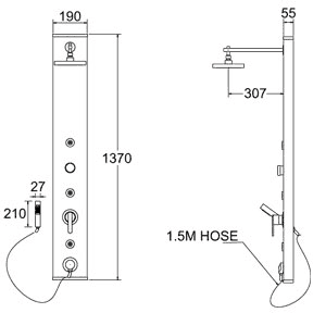 Manual 3 Jet Aluminium Shower Panel. technical image