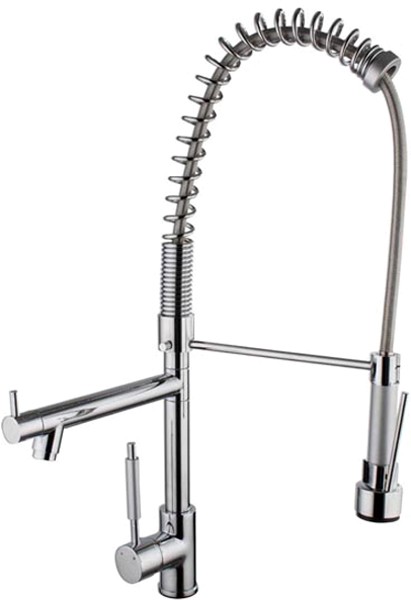 Professional kitchen tap with rinser and swivel spout. 750mm High. technical image