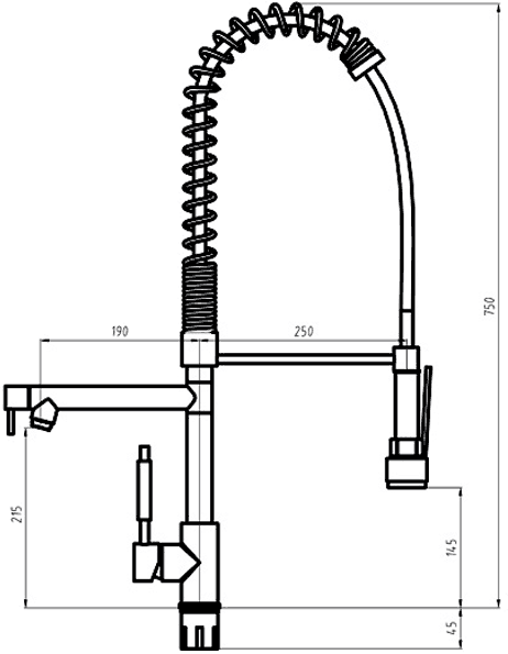 Professional kitchen tap with rinser and swivel spout. 750mm High. technical image