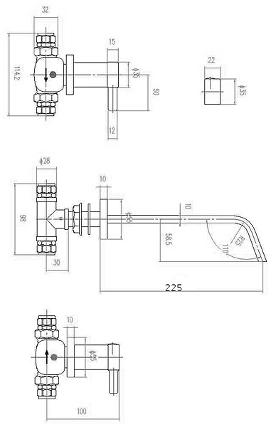 3 Tap Hole Wall Mounted Basin Mixer Tap. technical image