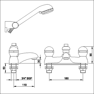 3/4" Bath shower mixer including kit (standard valves) technical image