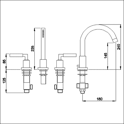 Lever 4 Tap hole bath shower mixer with small swivel spout. technical image