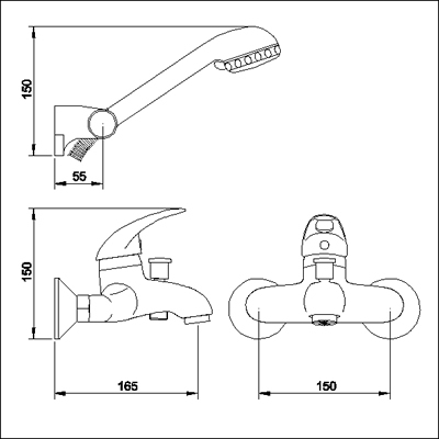 Single Lever Wall Mounted Bath Shower Mixer including kit. technical image