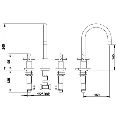 3 Tap hole basin mixer with swivel spout and pop up waste. technical image