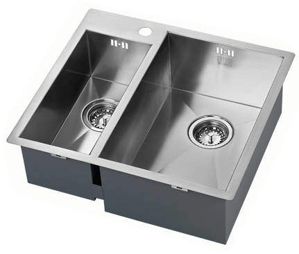 1810 Inset Two Bowl Kitchen Sink With Plumbing Kit (Satin, 565x510mm).