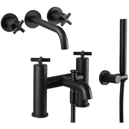 JTP Solex Wall Mounted Basin & Bath Shower Mixer Tap Pack (Matt Black).