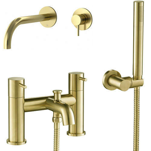 JTP Vos Wall Mounted Basin & Bath Shower Mixer Tap Pack (Brushed Brass).