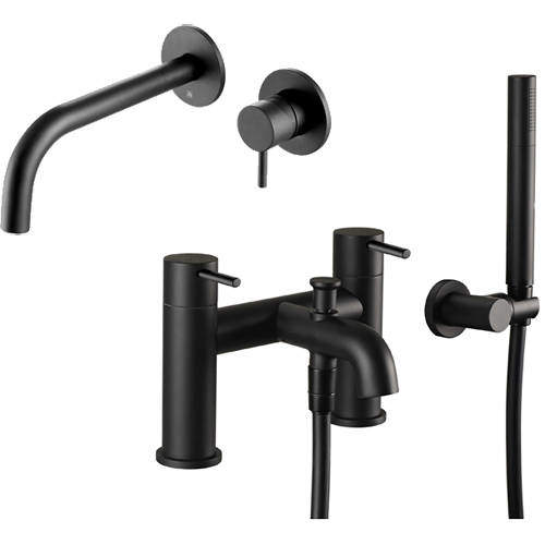 JTP Vos Wall Mounted Basin & Bath Shower Mixer Tap Pack (Matt Black).