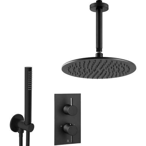 JTP Vos Thermostatic Shower Valve, 250mm Head, Ceiling Arm & Kit (M Black).