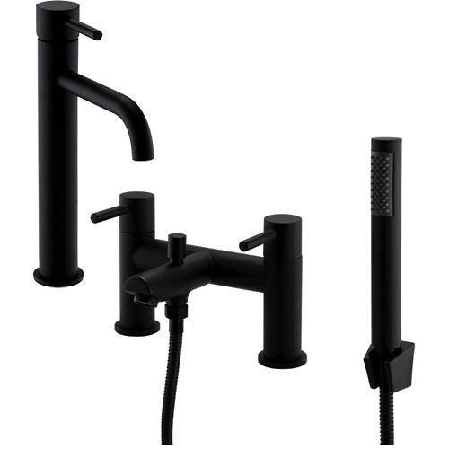 Kartell Nero Tall Basin & Bath Shower Mixer Tap Pack (Matt Black).