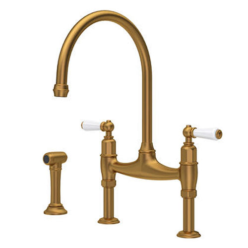 Perrin & Rowe Ionian Kitchen Tap With White Levers & Rinser (Aged Brass).