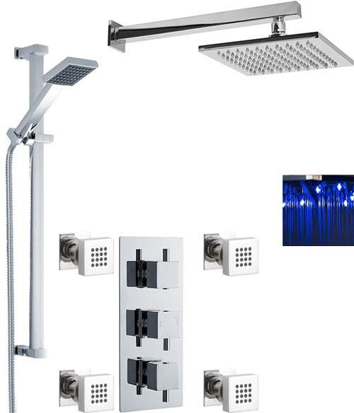 Nuie Showers Triple Shower Valve, LED Head & Slide Rail Kit & Body Jets.