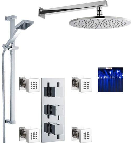 Nuie Showers Triple Shower Valve, LED Head & Slide Rail Kit & Body Jets.