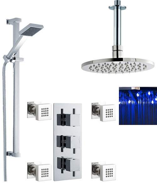 Nuie Showers Triple Shower Valve, LED Head & Slide Rail Kit & Body Jets.