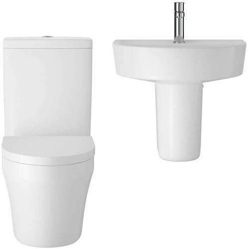 Hudson Reed Ceramics Luna Flush To Wall Toilet, Seat, 520mm Basin & Ped.