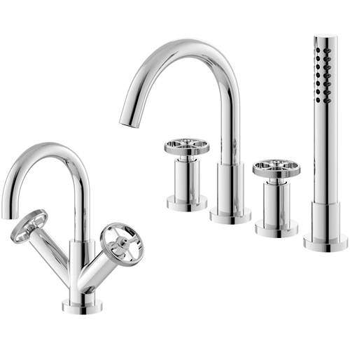 HR Revolution Basin & 4 Hole Bath Shower Mixer Tap With Industrial Handles.