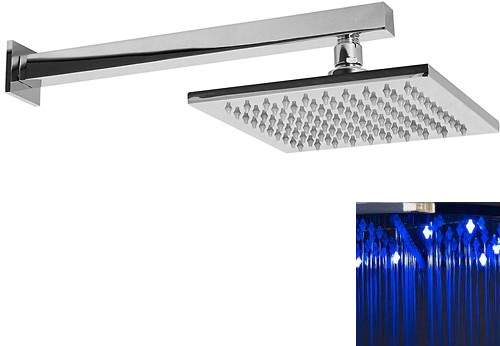 Premier Showers Square LED Shower Head With Wall Arm (200x200mm, Chrome).