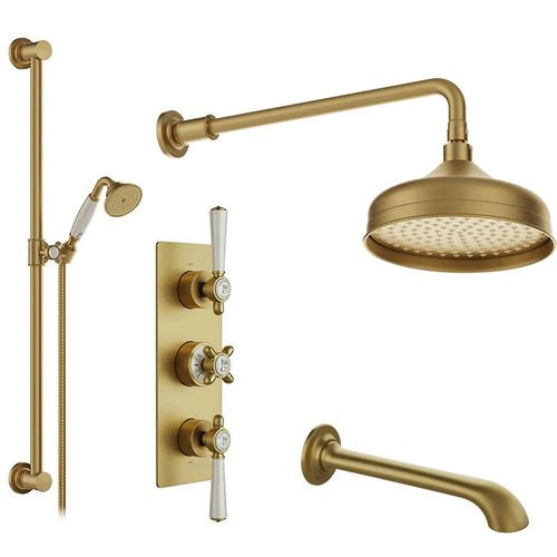 Vado Axbridge Thermostatic Shower Valve With Slide Rail Kit, Head & Bath Spout (Brushed Brass).