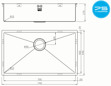 Additional image for Undermounted Kitchen Sink With Plumbing Kit (Satin, 700x400mm).