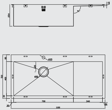 Additional image for Overmounted Kitchen Sink, Right Hand Drainer (Satin, 1100x510).