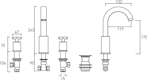 Additional image for 3 Hole Basin Mixer Tap With Clicker Waste (Chrome).