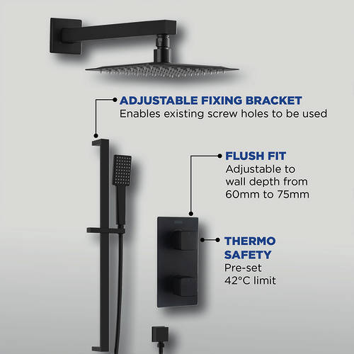 Additional image for Shower Pack With Arm, Square Head & Slide Rail Kit (Matt Black).