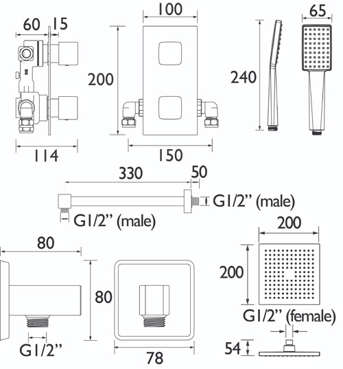 Additional image for Shower Pack With Arm, Square Head & Handset (Matt Black).