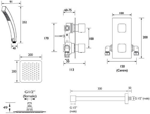 Additional image for Shower Pack With Arm, Square Head & Slide Rail Kit (Chrome).