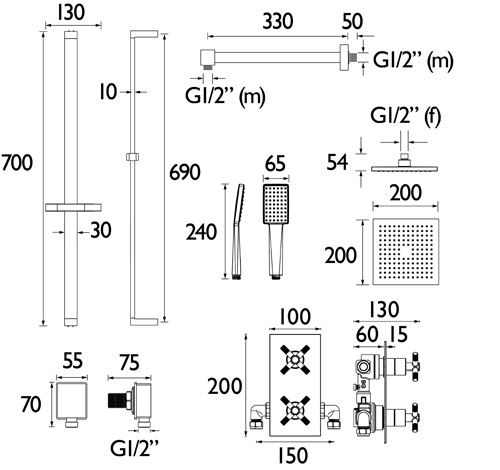 Additional image for Thermostatic Shower Pack With Slide Rail Kit (Matt Black).