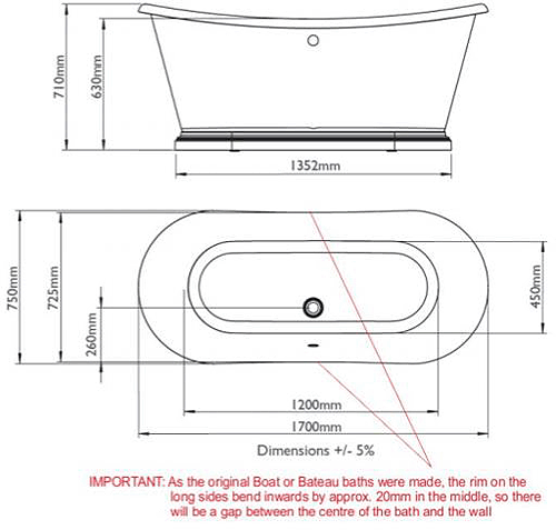 Additional image for Acrylic Boat Bath With Aluminium Plinth 1700mm (Gloss White).