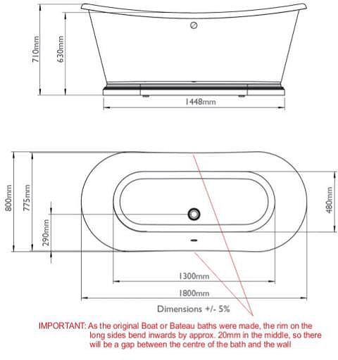 Additional image for Acrylic Boat Bath With Aluminium Plinth 1800mm (Gloss White).