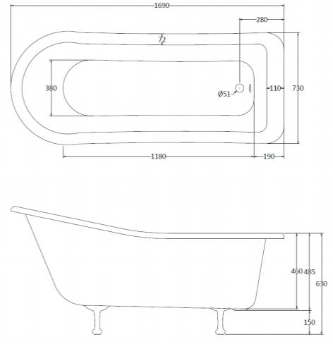 Additional image for Fordham Single Ended Bath 1700mm With Feet Set 2 (White).