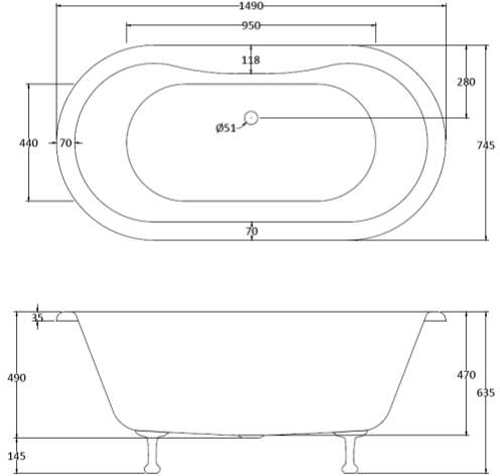 Additional image for Elmstead Double Ended Bath 1500mm With Feet Set 1 (White).