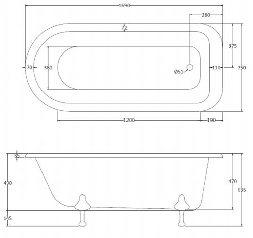 Additional image for Mistley Single Ended Bath 1700mm With Feet Set 2 (White).