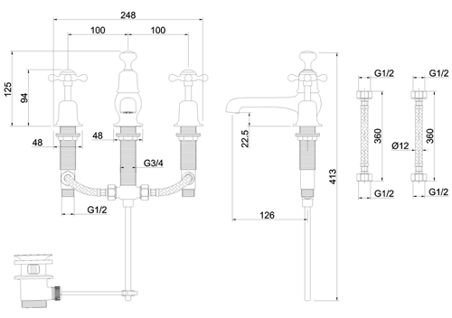 Additional image for 3 Hole Basin Tap With Pop Up Waste (Chrome & White).