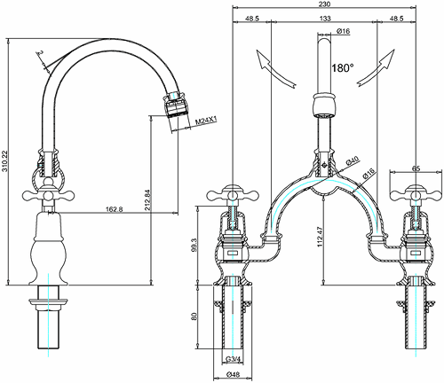 Additional image for 2 Hole Arch Basin Mixer Tap (Chrome & Black, 230mm).