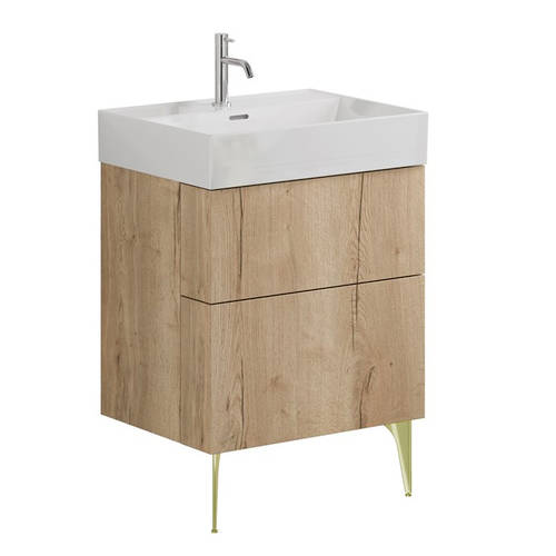 Additional image for Wall Vanity Unit With Brass Legs (600mm, Oak, 1TH).