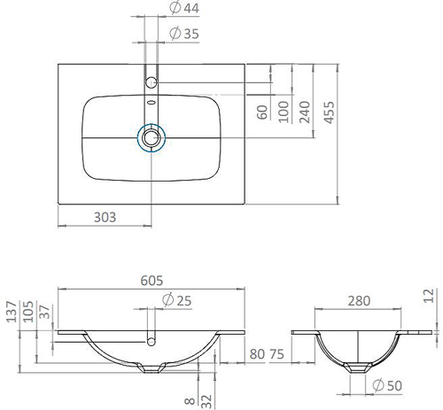 Additional image for Vanity Unit With White Glass Basin (600mm, Storm Grey, 1TH).