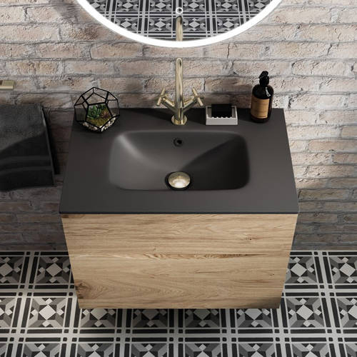 Additional image for Vanity Unit With Black Glass Basin (700mm, Windsor Oak, 1TH)