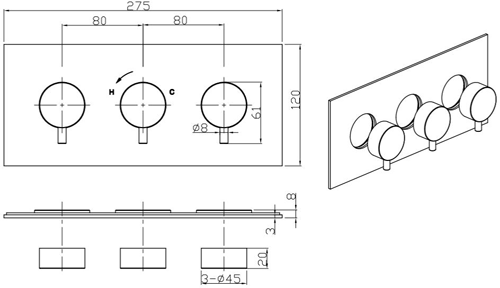 Additional image for Thermostatic Shower Valve (2 Outlets, Chrome).