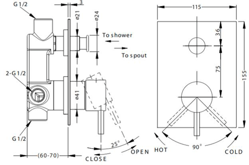 Additional image for Manual Shower Valve With Diverter (2 Outlets, Chrome).