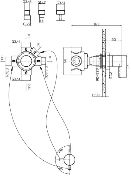 Additional image for 3 Way Diverter Valve (2 Inlets / 3 Outlets, Chrome).