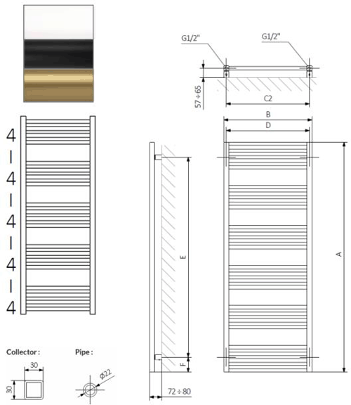 Additional image for Heated Towel Radiator 480x1140mm (B Brass).