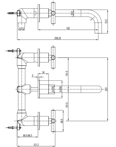 Additional image for Wall Mounted Crosshead Basin Tap (3 Hole, Br Bronze).