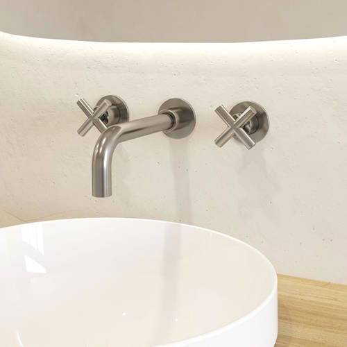Additional image for Wall Mounted Crosshead Basin Tap (3 Hole, Brushed Steel).