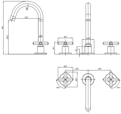 Additional image for Deck Mounted Crosshead Basin Tap (3 Hole, Brushed Brass).