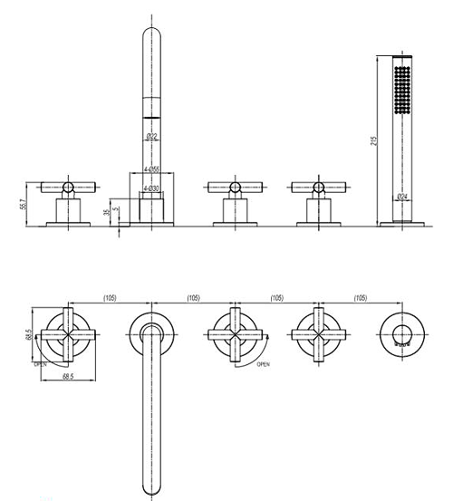 Additional image for Crosshead Bath Shower Mixer Tap (5 Hole, Chrome).