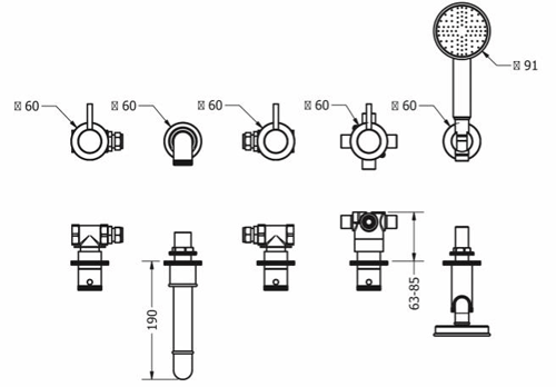 Additional image for 5 Hole Wall Mounted Bath Shower Mixer Tap (Chrome).