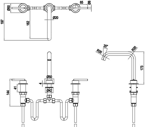 Additional image for 3 Hole Basin Mixer Tap With Lever Handles (Stainless Steel).